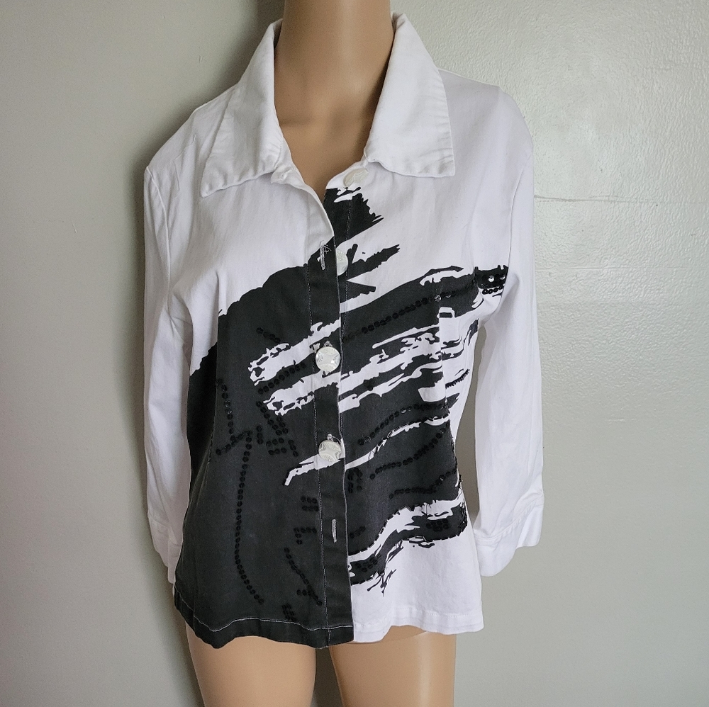 GREAT CAVALIER BY ST. PAUL BLACK & WHITE BUTTON UP JACKET W/ BLACK SEQUI…